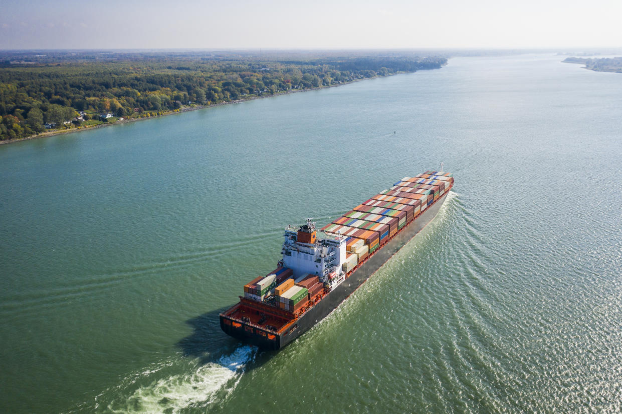 Container ship in the St. Lawrence Seaway approaching port of Montreal  (Getty)