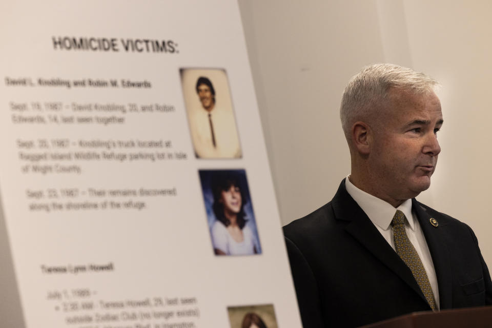 Brian Dugan of the FBI Norfolk Field Office, speaks during a press conference in Suffolk, Virginia, on Jan. 8, 2024, regarding the colonial parkway murders of the 1980's. Alan Wade Wilmer Sr, who died in December 2017, was identified as the main suspect in the homicides. (Billy Schuerman/The Virginian-Pilot via AP)