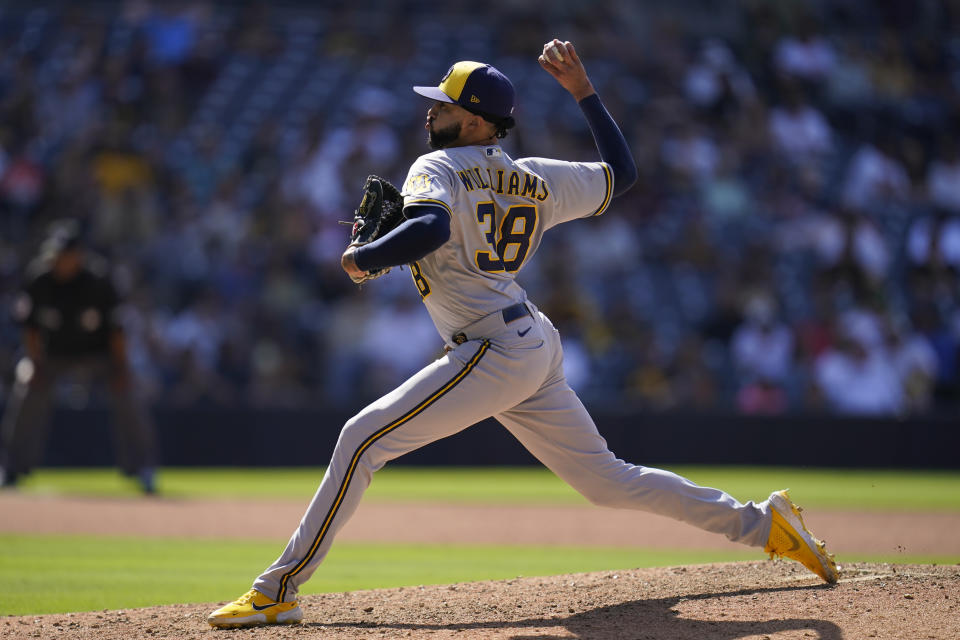 Milwaukee Brewers relief pitcher Devin Williams works against a San Diego Padres batter during the ninth inning of a baseball game Wednesday, May 25, 2022, in San Diego. (AP Photo/Gregory Bull)