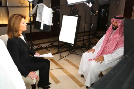 Saudi Arabia's Crown Prince Mohammed bin Salman speaks during an interview with the CBS program "60 Minutes" in Saudi Arabia