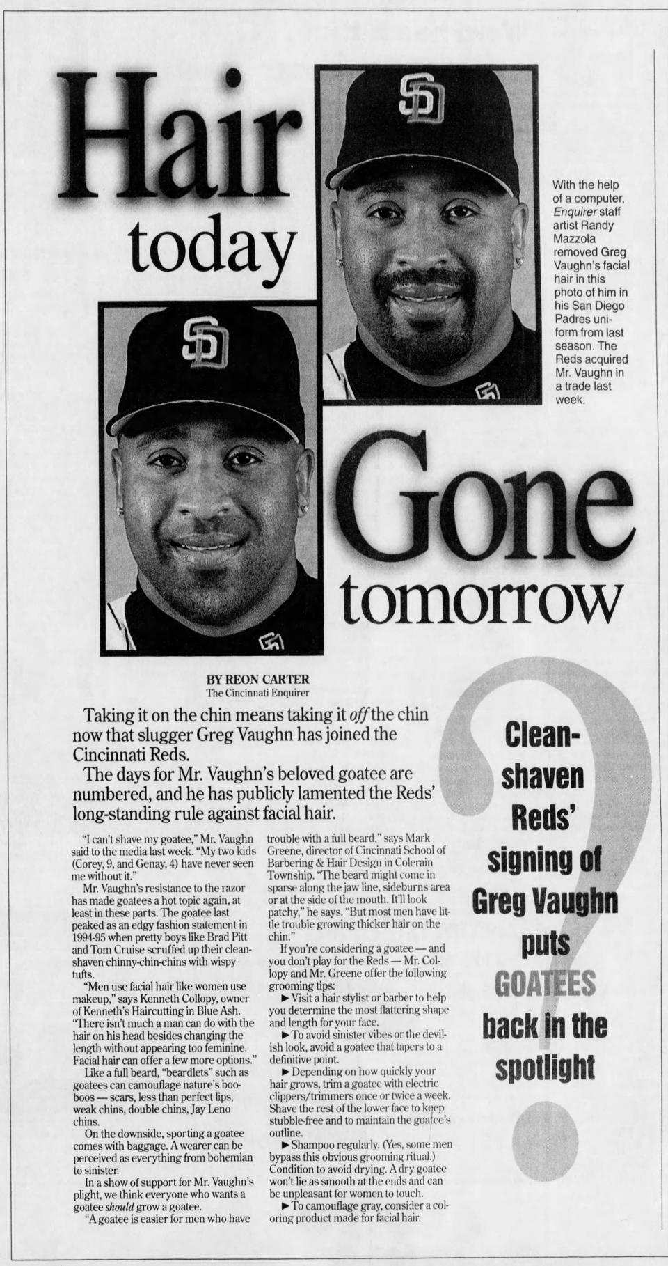 Feb. 9, 1999 Cincinnati Enquirer article after the Reds traded for outfielder Greg Vaughn.