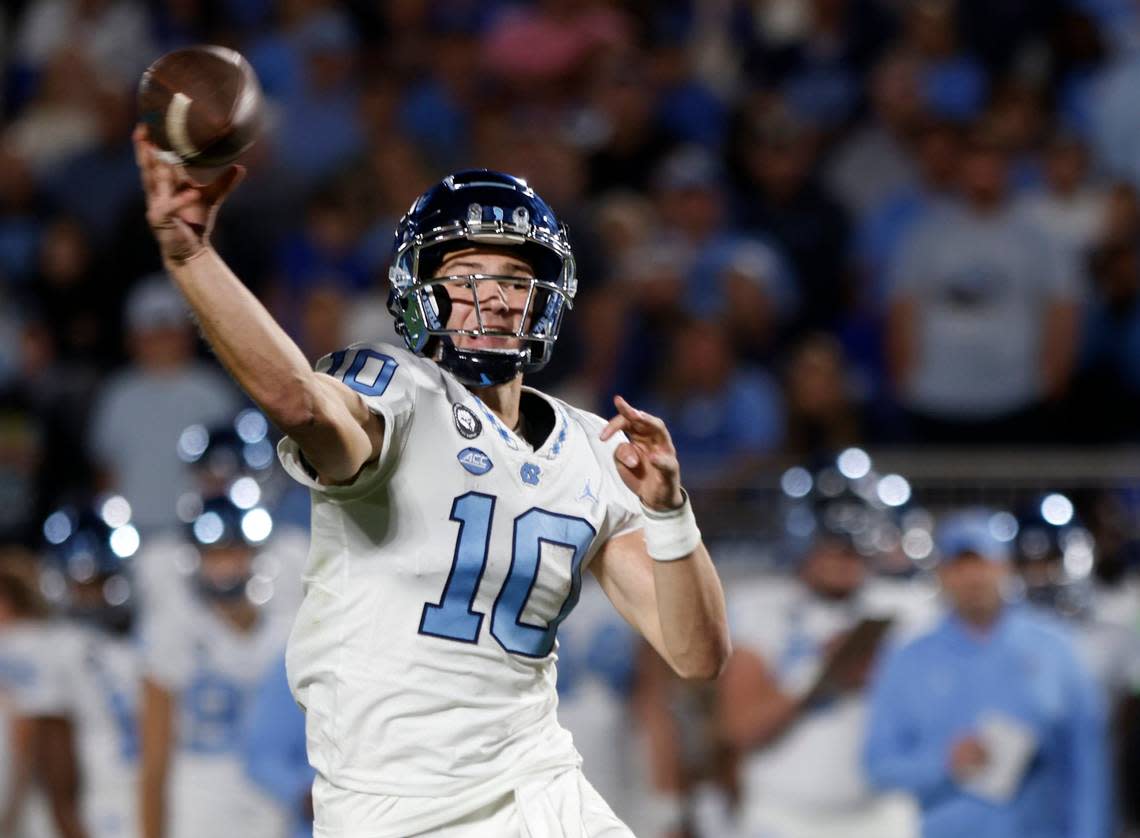 North Carolina Tar Heels quarterback Drake Maye looks to throw during the first of the Tar Heels’ game against Duke on Saturday, Oct. 15, 2022, at Wallace Wade Stadium in Durham, N.X. Kaitlin McKeown