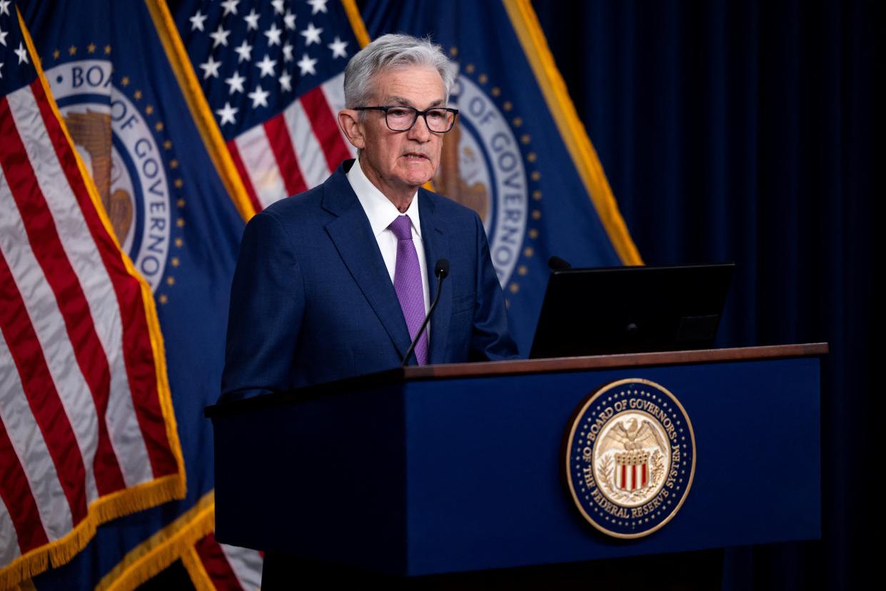 US Federal Reserve chair Jerome Powell holds a news conference after a Federal Open Market Committee meeting in Washington, DC, on Jan. 31, 2024. (JULIA NIKHINSON/AFP via Getty Images)
