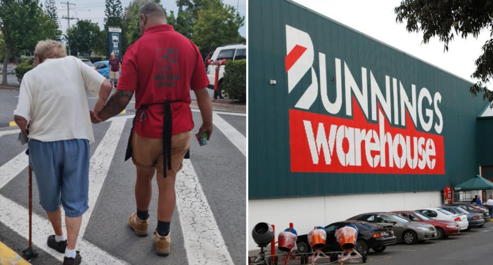 The Bunnings worker holding the elderly shopper's hand as they walk in the carpark. 