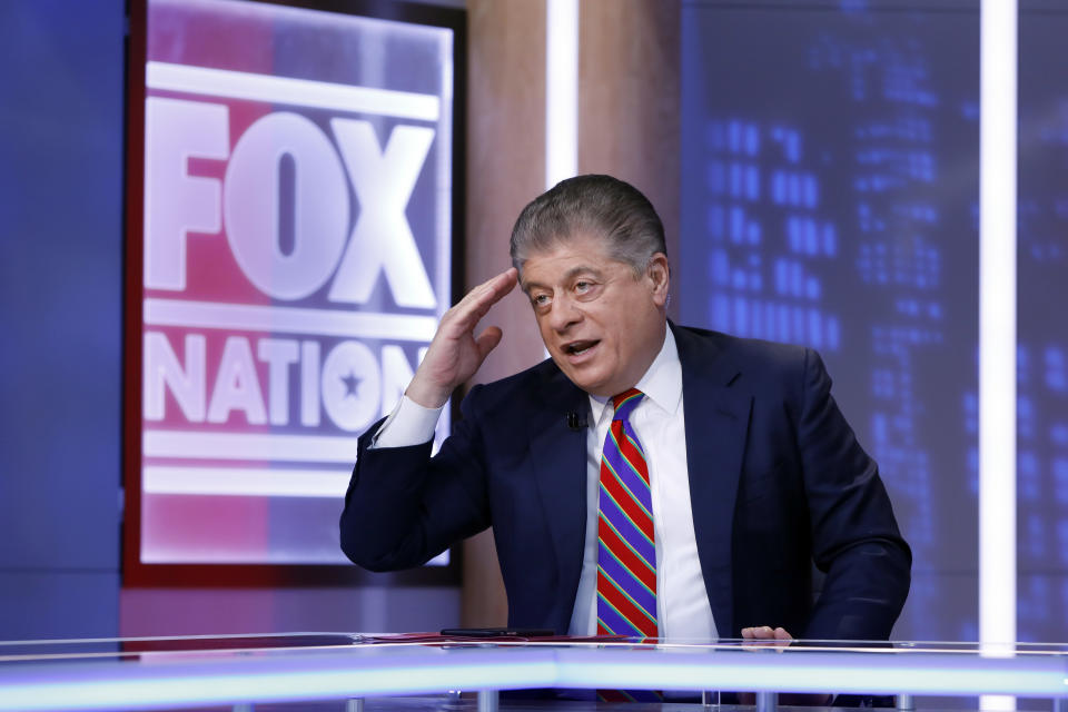 FILE - This Nov. 27, 2018 file photo shows Fox News senior judicial analyst Andrew Napolitano hosting the inaugural broadcast of "Liberty File" on the new streaming service Fox Nation, in New York. (AP Photo/Richard Drew)