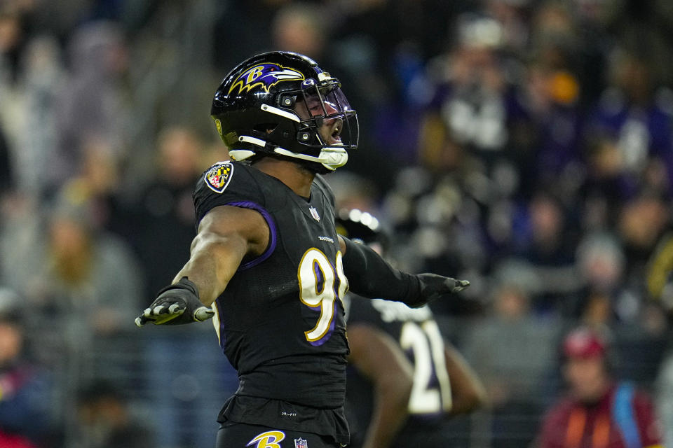 Baltimore Ravens linebacker Odafe Oweh (99) reacts after a tackle against the Pittsburgh Steelers in the second half of an NFL football game in Baltimore, Fla., Sunday, Jan. 1, 2023. (AP Photo/Julio Cortez)