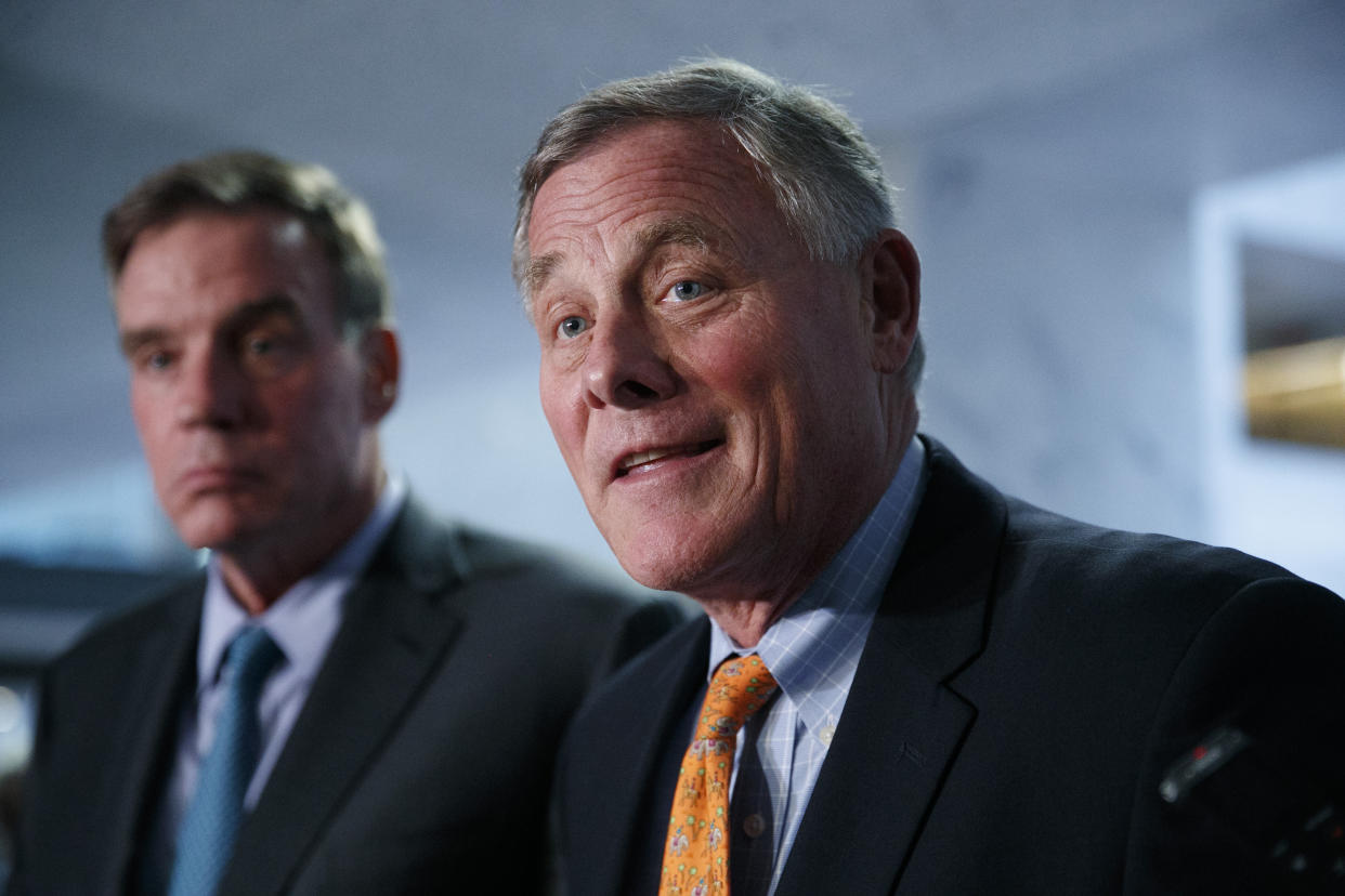 Sen. Richard Burr, R-N.C., right, chairman of the Senate Intelligence Committee, and Sen. Mark Warner, D-Va., committee vice chair, speak to the media after receiving closed briefings from Acting Director of National Intelligence Joseph Maguire and National intelligence inspector general Michael Atkinson, Thursday Sept. 26, 2019, on Capitol Hill in Washington. (AP Photo/Jacquelyn Martin)