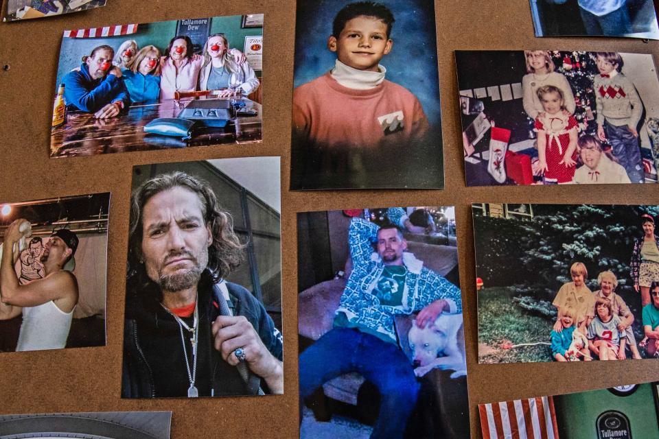 A collage of pictures of missing person Charles Steele rests on the dining table of Kelly Canning, Steele's sister, at her home in Claymont, Monday, March 11, 2024.