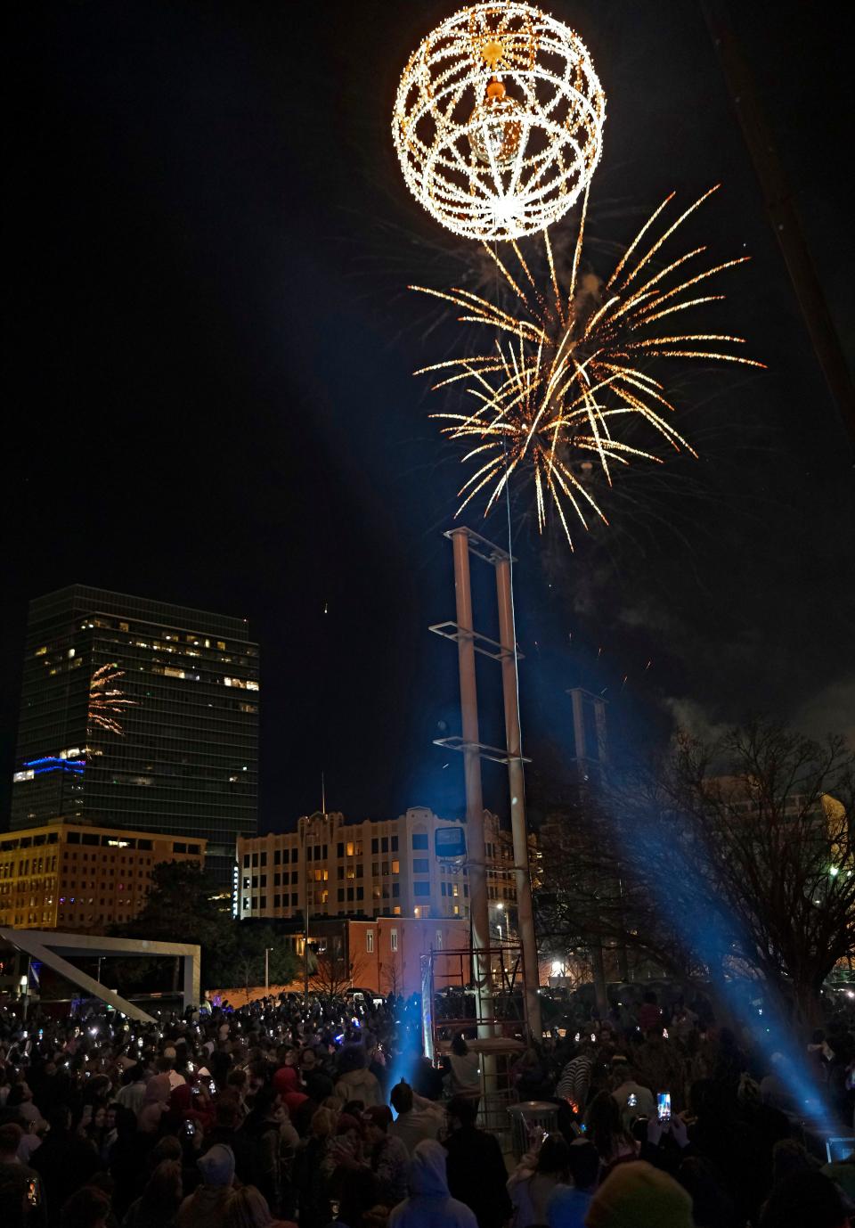 Fireworks go off during Arts Council OKC's New Year's Eve celebration, Opening Night 2023.
