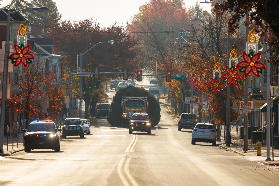 The 2023 Hanover Christmas tree is seen as it is escorted up Baltimore Street, Wednesday, Nov. 15, 2023, in Hanover Borough