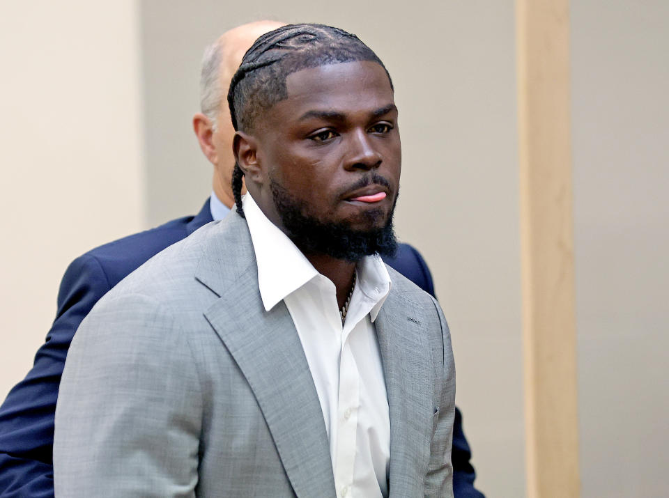 Quincy, MA - October 7:  New England Patriots safety Jabrill Peppers leaves his arraignment at Quincy District Court after being arrested Saturday morning in Braintree, charged with assault and battery, assault and battery with a dangerous weapon, strangulation, and possession of a class B substance.  (Photo by Matt Stone/MediaNews Group/Boston Herald via Getty Images)