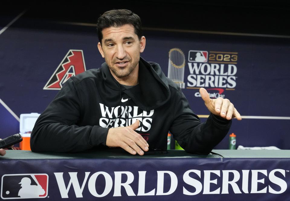 Arizona Diamondbacks general manager Mike Hazen during workouts prior to Game 1 of the 2023 World Series at Globe Life Field in Arlington, Texas, on Oct. 26, 2023.