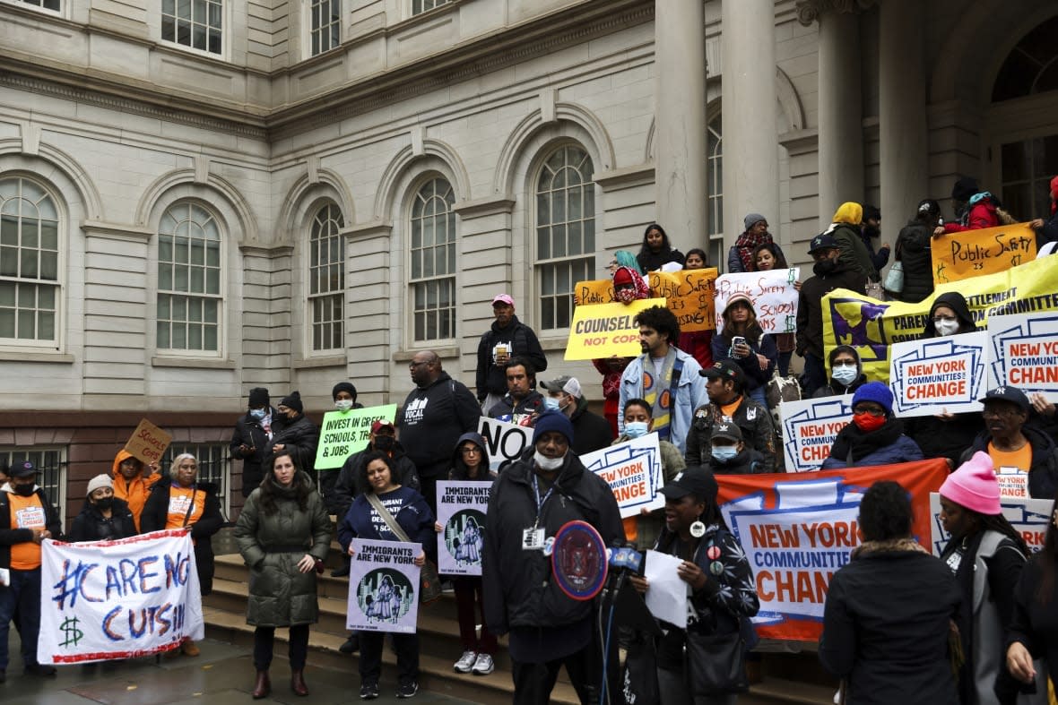 Advocates for people with mental illnesses protest New York City Mayor Eric Adams’ plan to force people from the streets and into mental health treatment, Wednesday, Dec. 7, 2022, in New York. (AP Photo/Julia Nikhinson)