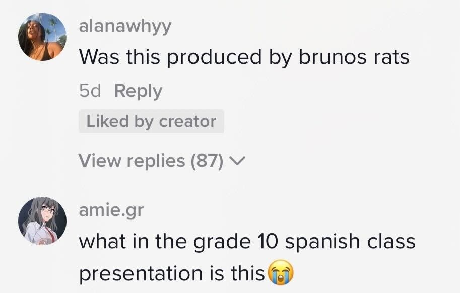 "Was this produced by Bruno's rats" and "What in the Grade 10 spanish class presentation is this"