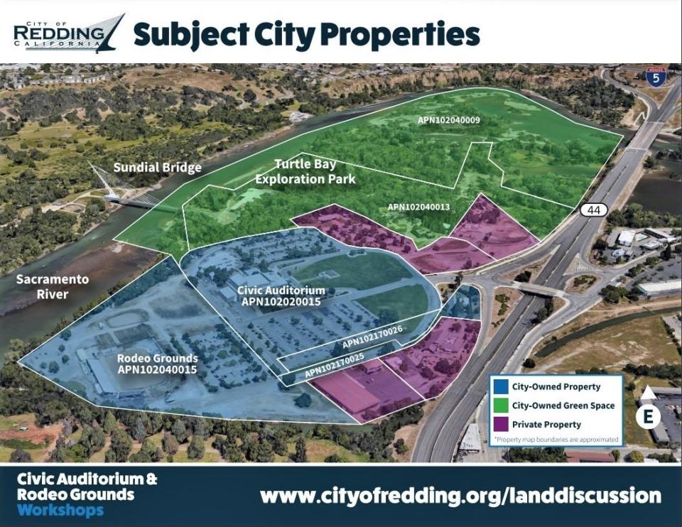 A map shows the location of the Redding Civic Auditorium, Redding Rodeo Grounds and other property that could be affected by a riverfront development proposal.