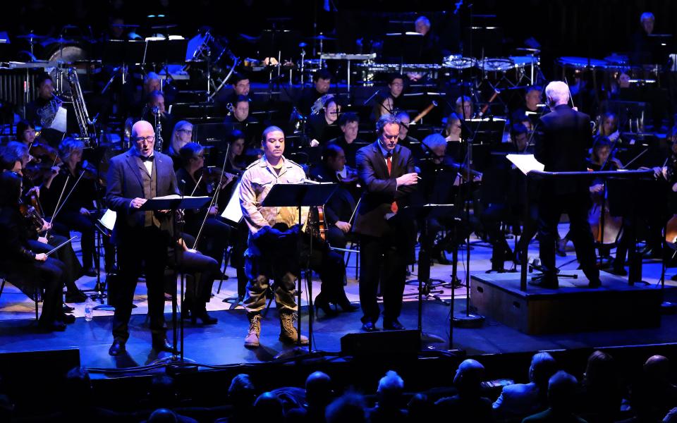 Brindley Sherratt, Aubrey Allicock and Gerald Finley perform in Doctor Atomic - Credit: Mark Allan/BBC