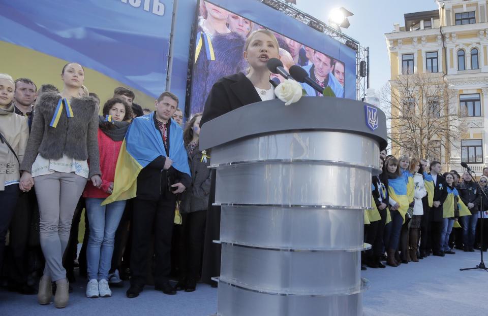 Former Ukrainian Prime Minister Yulia Tymoshenko makes a speech during her party congress in Kiev, Ukraine, Saturday, March 29, 2014. Party Batkivshchina (Fatherland) has nominated Tymoshenko on Saturday a candidate to the presidential elections. (AP Photo/Efrem Lukatsky)