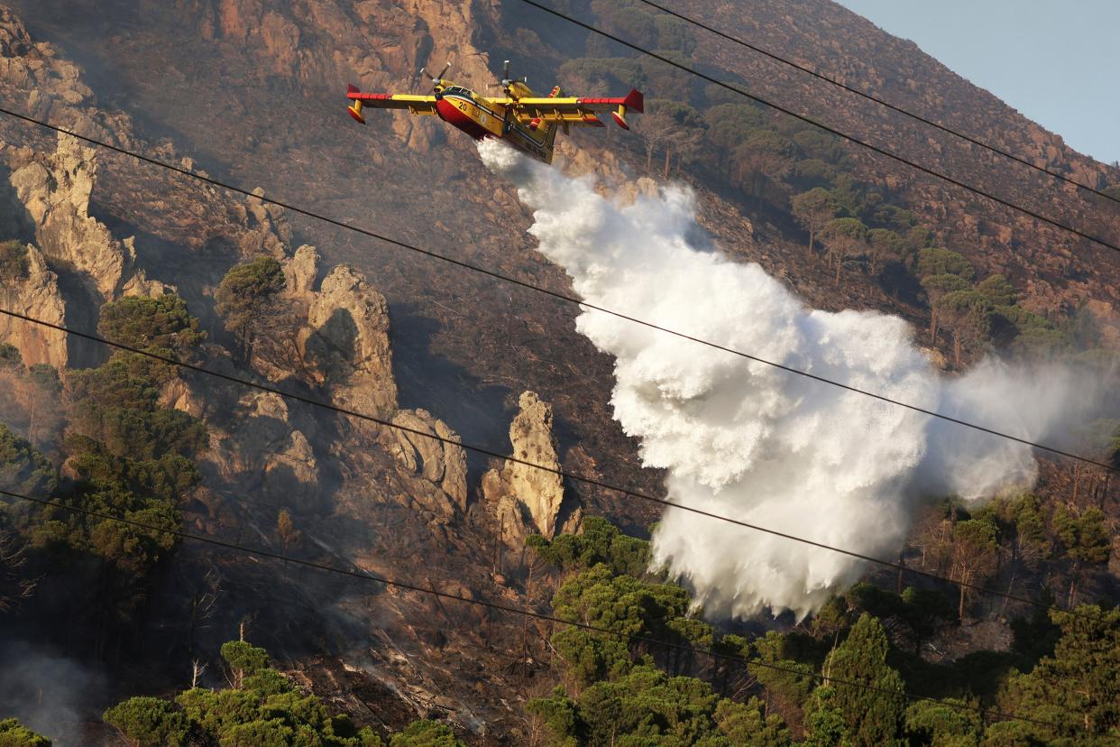 A firefighting plane drains water on a wildfire on the mountain in Altofonte near Palermo, Italy, 26 July (AP)