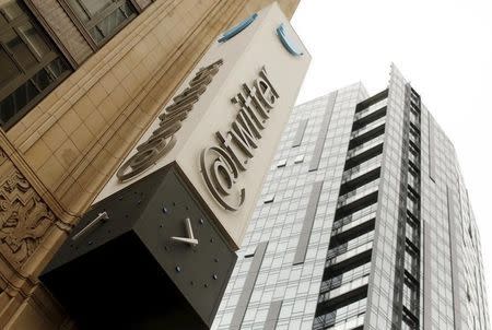 The Twitter logo is shown at its corporate headquarters in San Francisco, California April 28, 2015. REUTERS/Robert Galbraith