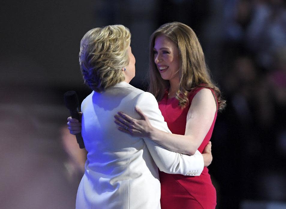 Chelsea Clinton, embraces her mother, Democratic presidential nominee Hillary Clinton, during the final day of the Democratic National Convention. (Photo: Mark J. Terrill/AP)