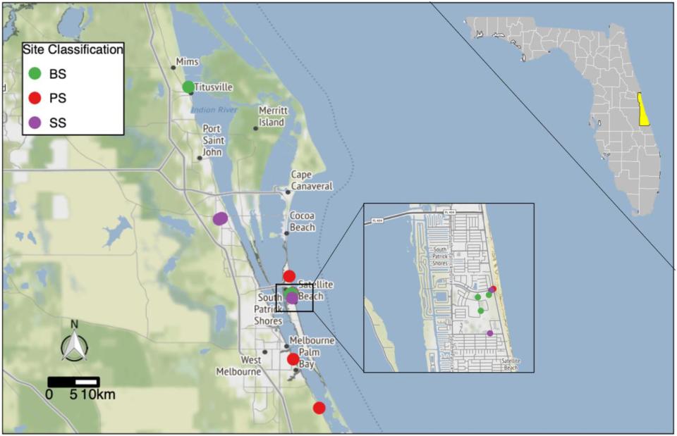 The University of Florida found the highest levels of PFAS 'forever' chemicals in soil sample sites near primary source sites, such Patrick Space Force Base. This map shows the soil sampling locations in Brevard County, Florida, USA. BS = Background sites; PS = Primary source sites; SS = Secondary source sites.