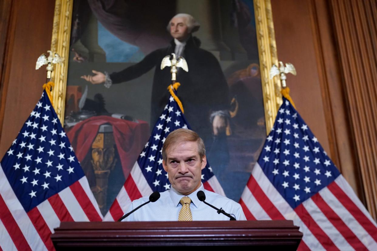 Rep. Jim Jordan, R-Ohio, House Judiciary chairman and staunch ally of Donald Trump, meets with reporters at the Capitol in Washington, Oct. 20, 2023.