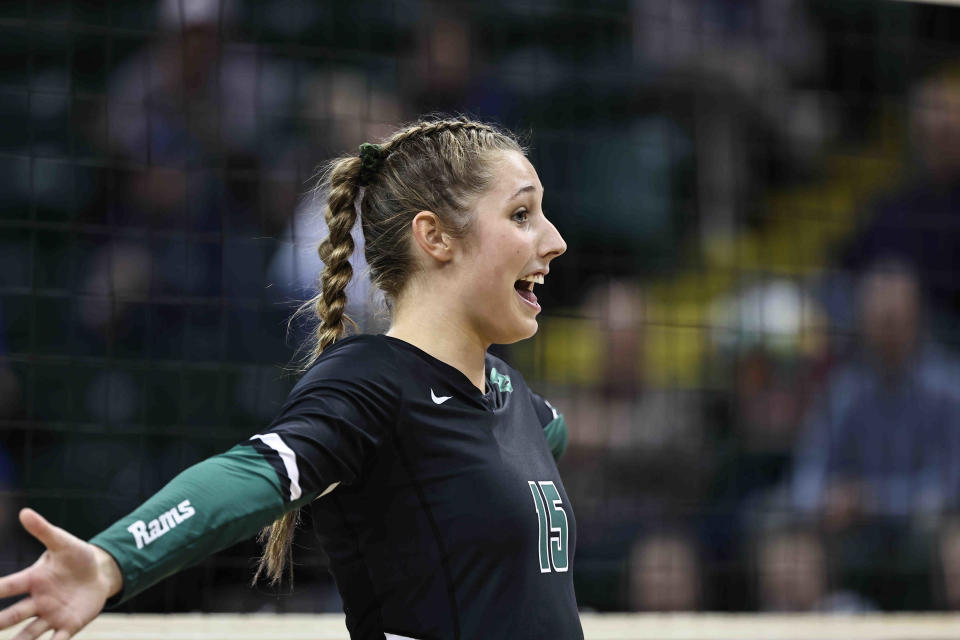 Badin's Sarah Newberry reacts during the state semifinal against Gilmore Academy Friday, Nov. 11, 2022.