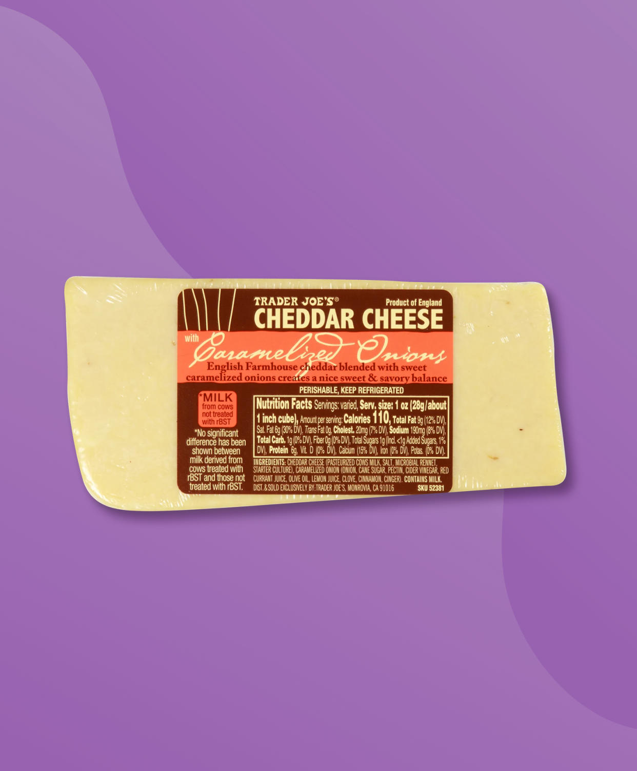 A wedge of Trader Joe's Cheddar Cheese with Caramelized Onions on a purple background. (TODAY Illustration / Lauren Schatzman / Trader Joe's)