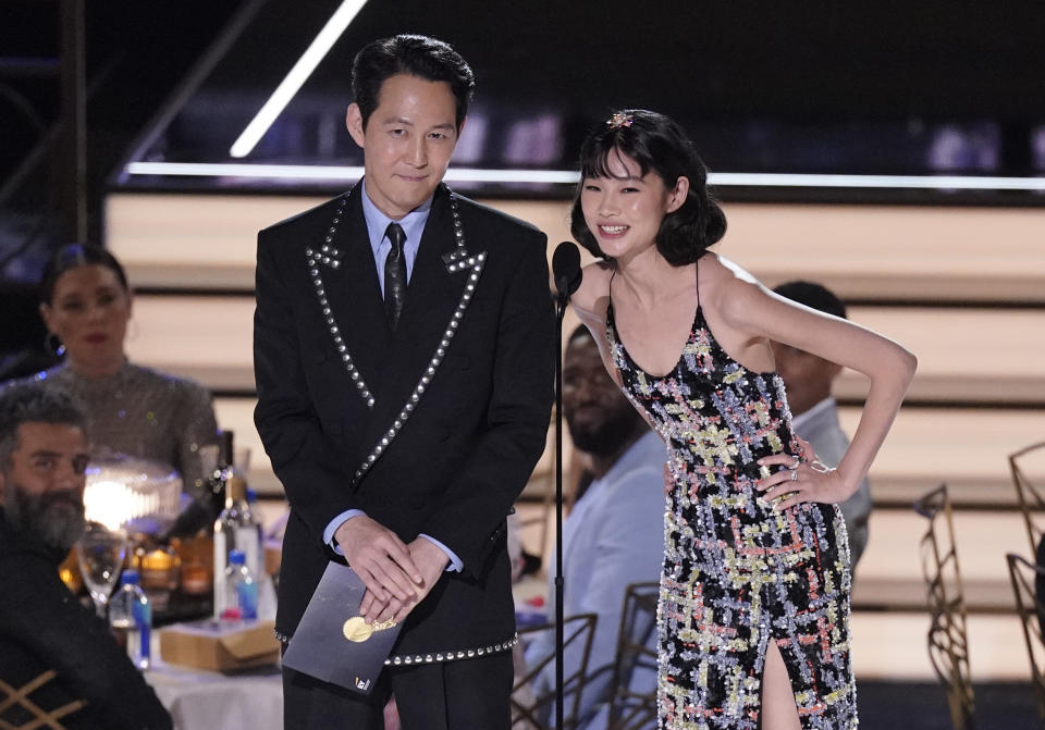 Lee Jung-jae, left, and and Jung Hoo-yeon present the Emmy for outstanding variety sketch series at the 74th Primetime Emmy Awards on Monday, Sept. 12, 2022, at the Microsoft Theater in Los Angeles. (AP Photo/Mark Terrill)