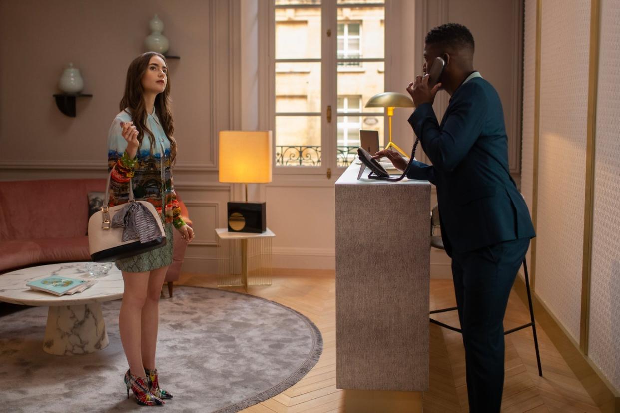 Lily Collins and Samuel Arnold in ‘Emily in Paris’ (Carole Bethuel/Netflix)