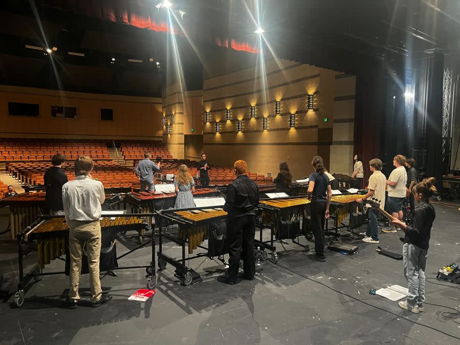 Dripping Springs percussion ensemble rehearses with composer and UT professor Ivan Trevino. (Viewer-submitted photo)