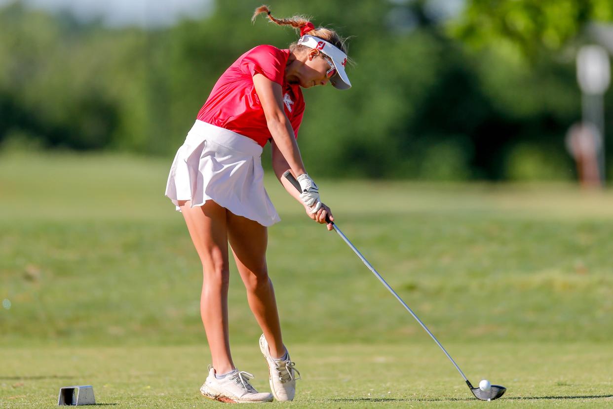 Kingston’s Meredith Reid tees off at the Class 3A Girls golf state tournament at Lincoln Park Golf Course in Oklahoma City on Monday, April 29, 2024.