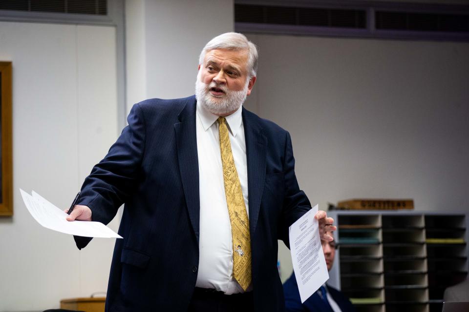 David Kallman addresses the judge during proceedings regarding a lawsuit by Ottawa County Health Officer Adeline Hambley Friday, March 31, 2023, at the Michigan 14th Circuit court in Muskegon. Hambley argues the board improperly demoted her to interim health officer during a Jan. 3 meeting to replace her with the board's preferred candidate.