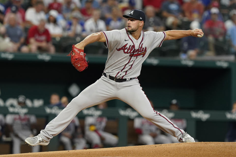 Atlanta Braves starting pitcher Kyle Muller throws during the first inning of a baseball ball game against the Texas Rangers in Arlington, Texas, Sunday, May 1, 2022. (AP Photo/LM Otero)