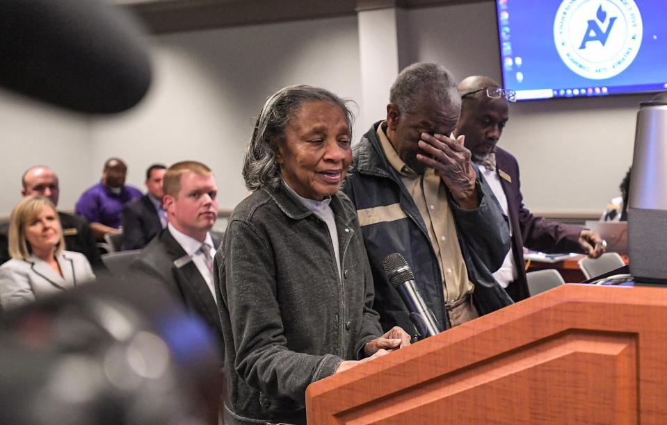 Carolyn Boseman, mother of the late Chadwick Boseman, stands with her husband Leroy Boseman, after the board approved renaming Southwood Academy Performing Arts Center to Chadwick Boseman Fine Arts Center.