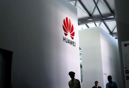 A Huawei logo is pictured at Mobile World Congress (MWC) in Shanghai