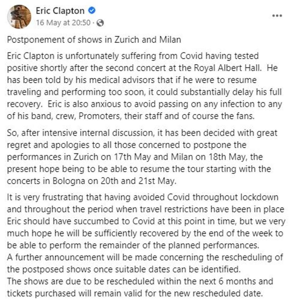 Eric Clapton’s team shared this statement on Facebook (Eric Clapton / Facebook)