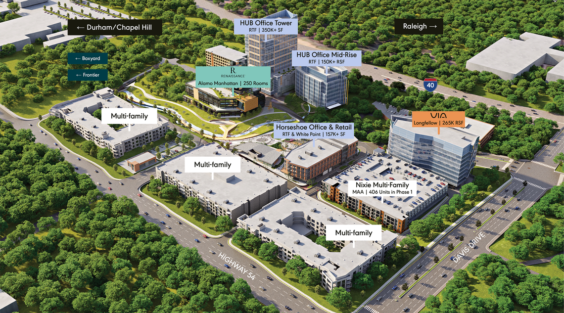 The projection of Hub RTP, including a hotel, housing, and the Via life science tower.