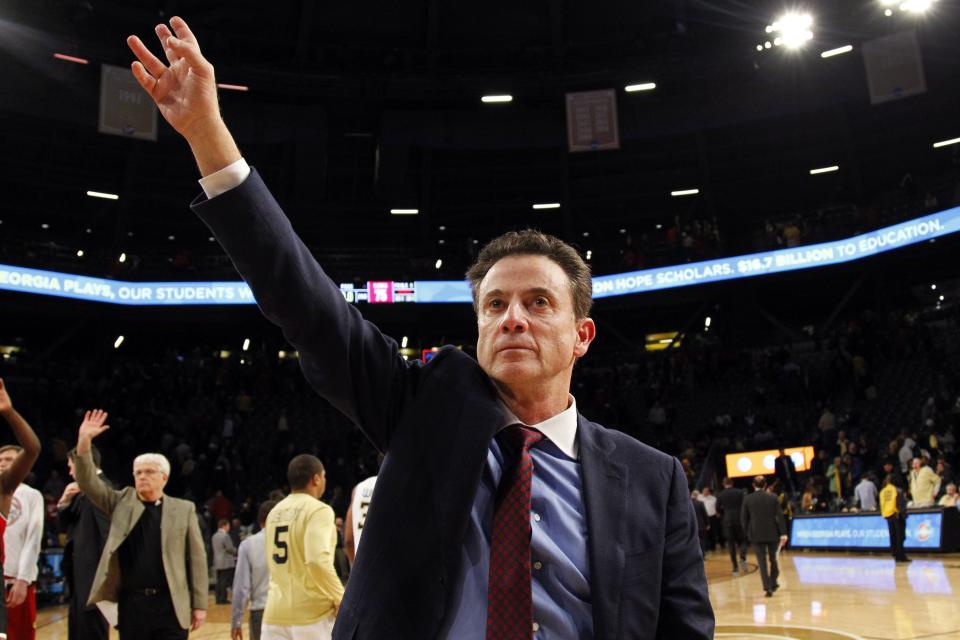 Brett Davis/USA TODAY Sports
Coach Rick Pitino celebrates Louisville?s 75-71 victory against Georgia Tech on Saturday. The Cardinals improved to 16-3 overall, 5-1 in the Atlantic Coast Conference.
Jan 23, 2016; Atlanta, GA, USA; Louisville Cardinals head coach Rick Pitino celebrates a victory against the Georgia Tech Yellow Jackets at McCamish Pavilion. Louisville defeated Georgia Tech 75-71. Mandatory Credit: Brett Davis-USA TODAY Sports