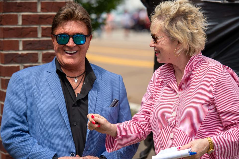 Country singer-songwriter and Humboldt native T.G. Sheppard shares a laugh during the unveiling of his Tennessee Music Pathways marker during the West Tennessee Strawberry Festival in Humboldt, Tenn. on Friday, May 12, 2023.