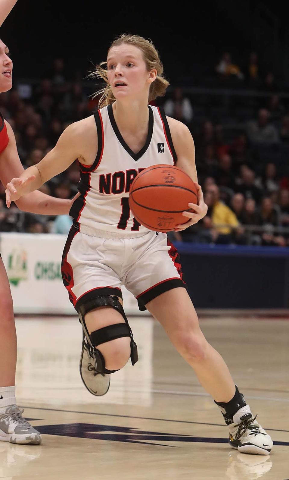 Bailey Acord of Norton drives to the basket during the first quarter of a 2022 Division II state semifinal against Sheridan at University of Dayton Arena. Sheridan won 68-60 in triple overtime.