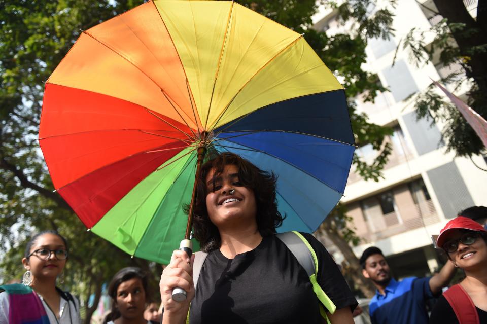 Indian members and supporters of the lesbian, gay, bisexual, transgender community take part in the 'Ahmedabad Queer Pride 2018' parade in Ahmedabad, India on Feb. 18, 2018.&nbsp;