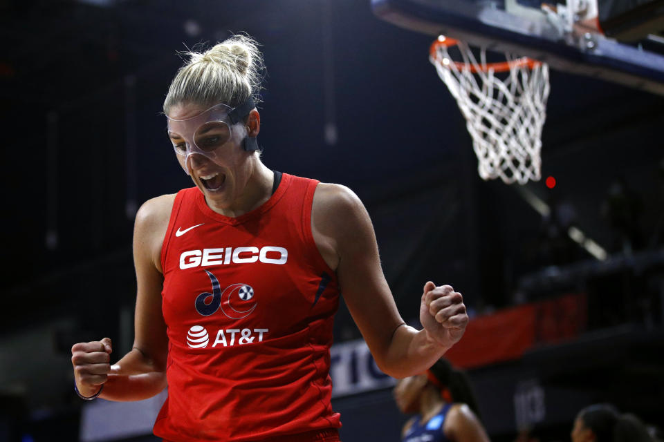 Washington Mystics forward Elena Delle Donne reacts after getting fouled while scoring in the second half of Game 1 of basketball's WNBA Finals against the Connecticut Sun, Sunday, Sept. 29, 2019, in Washington. Delle Donne contributed a team-high 22 points to Washington's 95-86 win. (AP Photo/Patrick Semansky)