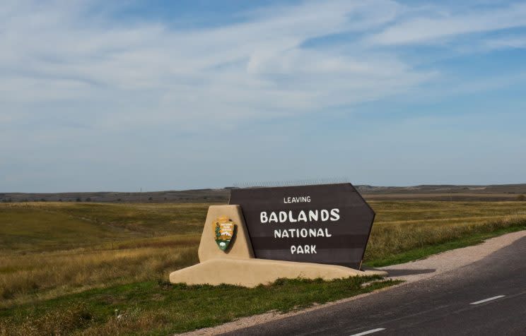 Badlands National Park, Loop Road, Badlands Monument Entrance Sign. (Photo by: Education Images/UIG via Getty Images)