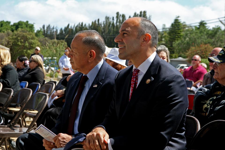 Veterans Tony Viruetta and Jimmy Panetta attend a Memorial Day ceremony in Soledad on May 27, 2019.