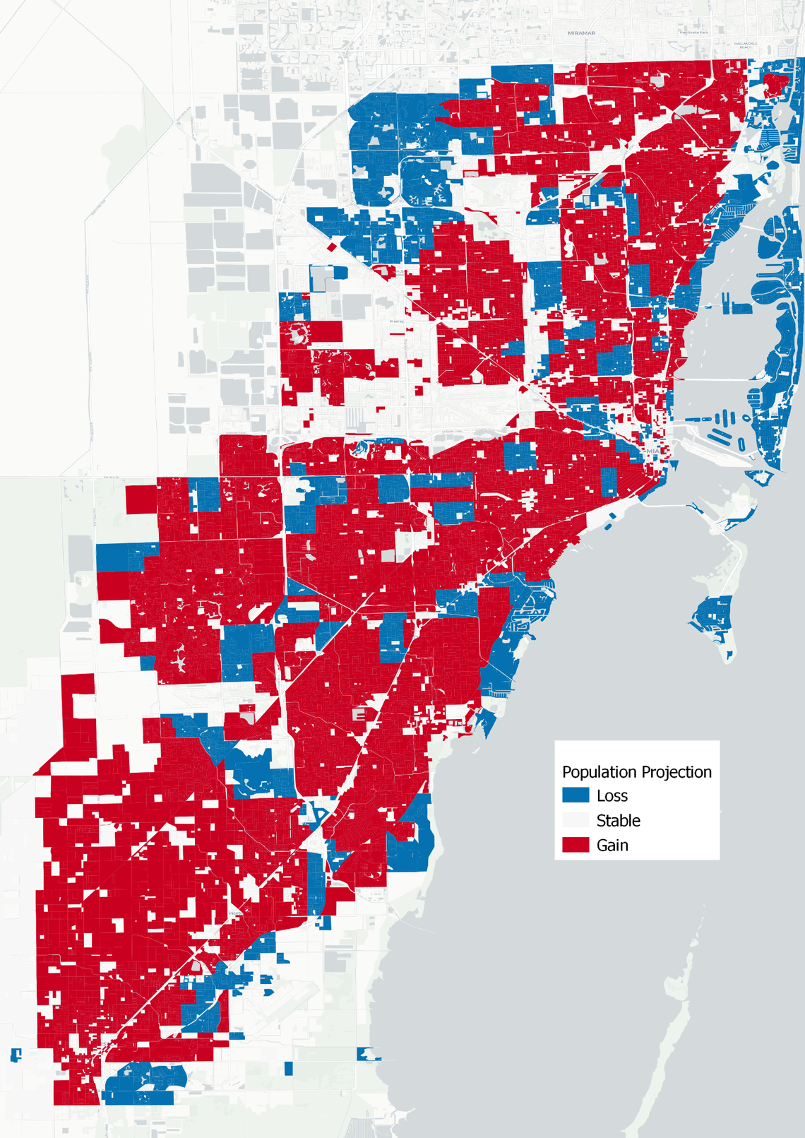 This map suggests the places in Miami-Dade County that could see population growth (in red) or decline (in blue) over the next few decades as sea level-rise induced flooding begins to affect property values.