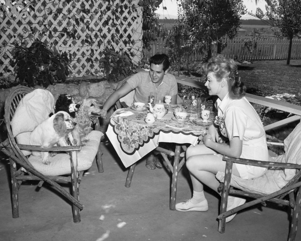 <p>Newlyweds Lucille Ball and Desi Arnaz are joined by their three Cocker Spaniels as they enjoy breakfast on the outdoor patio of their <a href="https://venturablvd.goldenstate.is/lucy-in-the-valley/" rel="nofollow noopener" target="_blank" data-ylk="slk:California farm, Desilu Ranch;elm:context_link;itc:0;sec:content-canvas" class="link ">California farm, Desilu Ranch</a>. In addition to their dogs, the MGM actress's five acre farm included a cow and a flock of chickens. </p>