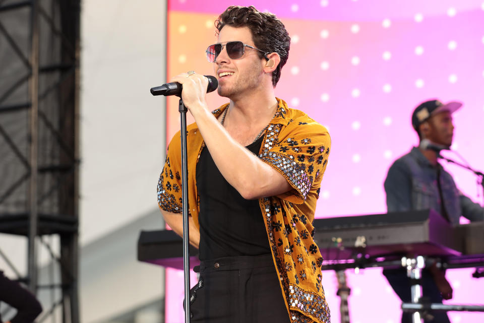 <p>Nick Jonas performs solo at the Cedars Sinai Medical Center's Board of Governors 50th Anniversary Gala at SoFi Stadium in Inglewood, California, on Aug. 7.</p>
