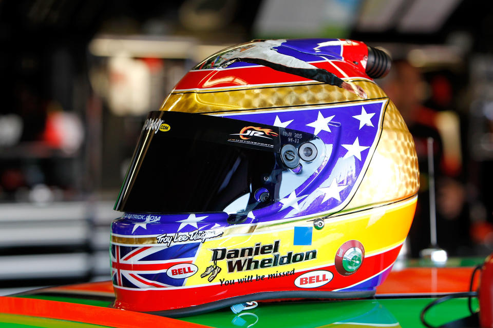 FORT WORTH, TX - NOVEMBER 04: A detail of the helmet that will be worn by Danica Patrick, driver of the #7 GoDaddy.com /DanWheldonMemorial.com Chevrolet, at the NASCAR Nationwide Series O'Reilly Auto Parts Challenge at Texas Motor Speedway. The helmet design is in memory of IRL driver Dan Wheldon who died in a multiple car wreck while driving in the IZOD IndyCar World Championships at Las Vegas on October 16. (Photo by Jonathan Ferrey/Getty Images)