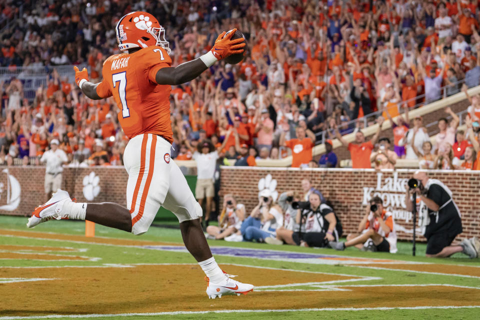 Clemson running back Phil Mafah celebrates after scoring a touchdown against Florida Atlantic during the first half of an NCAA college football game Saturday, Sept. 16, 2023, in Clemson, S.C. (AP Photo/Jacob Kupferman)